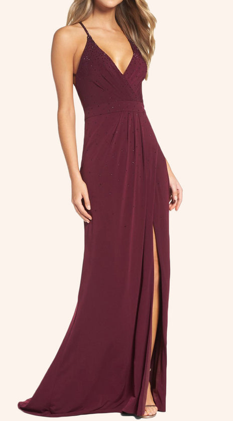 MACLoth Straps V Neck Sheath Jersey Prom Dress Burgundy Formal Gown