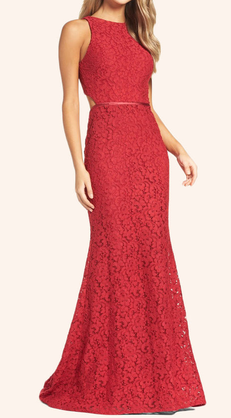 MACloth Mermaid O Neck Lace Prom Dress Red Formal Gown