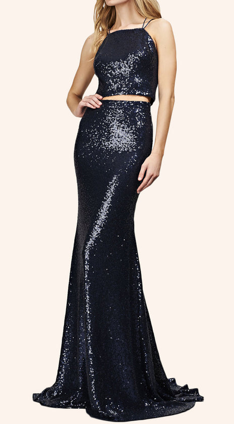 MACloth Mermaid Two Piece Sequin Long Prom Dress Dark Navy Formal Gown