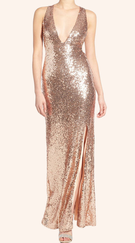 MACloth Straps V neck Sheath Sequin Bridesmaid Dress Rose Gold Formal Gown