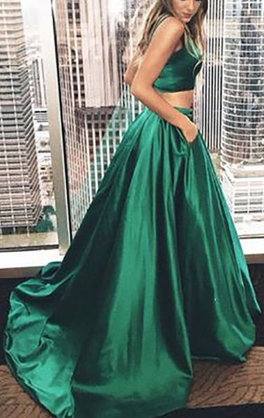 MACloth Two Piece Satin Long Prom Dress Green Formal Gown