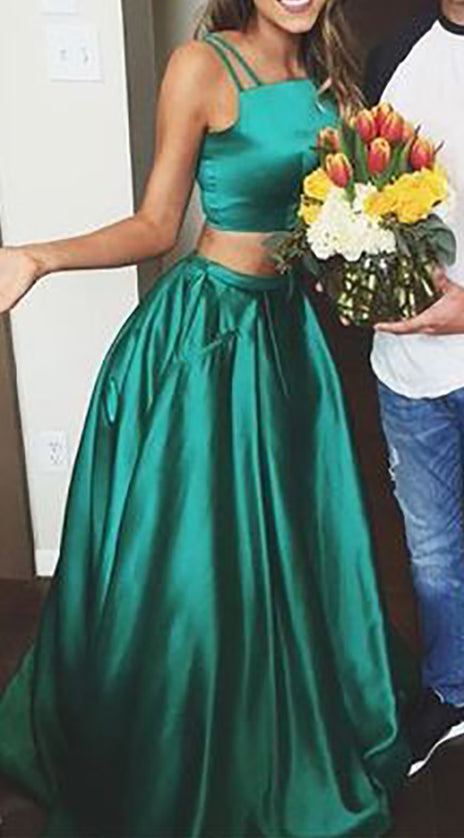 MACloth Two Piece Satin Long Prom Dress Green Formal Gown