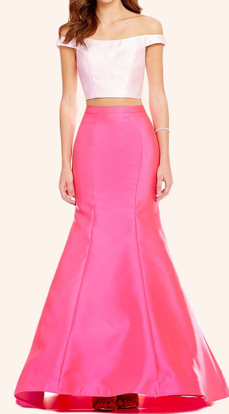 MACloth Off the Shoulder Two Piece Satin Prom Dress Pink Formal Gown