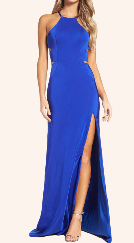 MACloth Halter Sheath Jersey Long Prom Dress with Slit Royal Blue Evening Gown