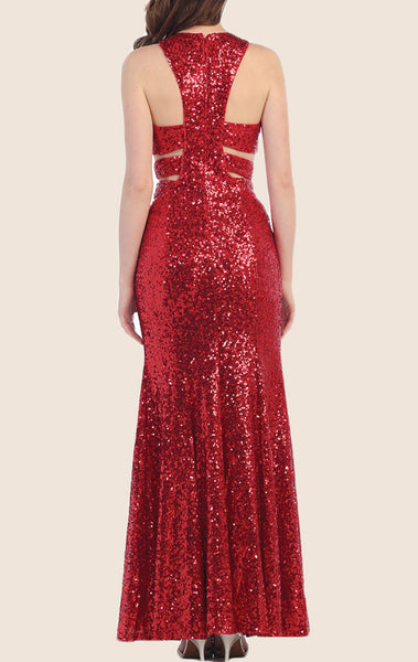 MACloth O Neck Sequin Long Prom Dress Red Formal Gown