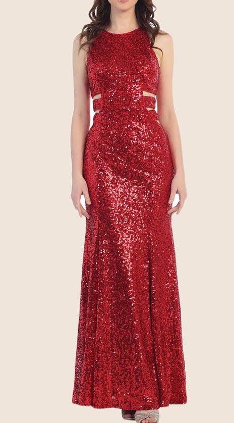MACloth O Neck Sequin Long Prom Dress Red Formal Gown