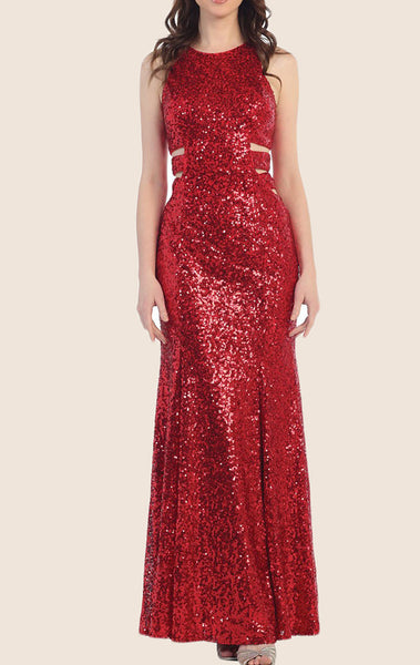 MACloth O Neck Sequin Long Prom Dress Red Formal Gown