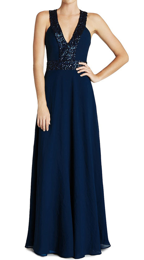 MACloth Straps V Neck Sequin Chiffon Prom Dress Dark Navy Formal Gown