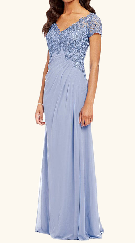 MACloth V Neck Lace Chiffon Mother of the Brides Dress Sky Blue Evening Gown