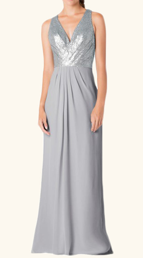MACloth Straps V neck Chiffon Sequin Long Bridesmaid Dress Silver Formal Gown