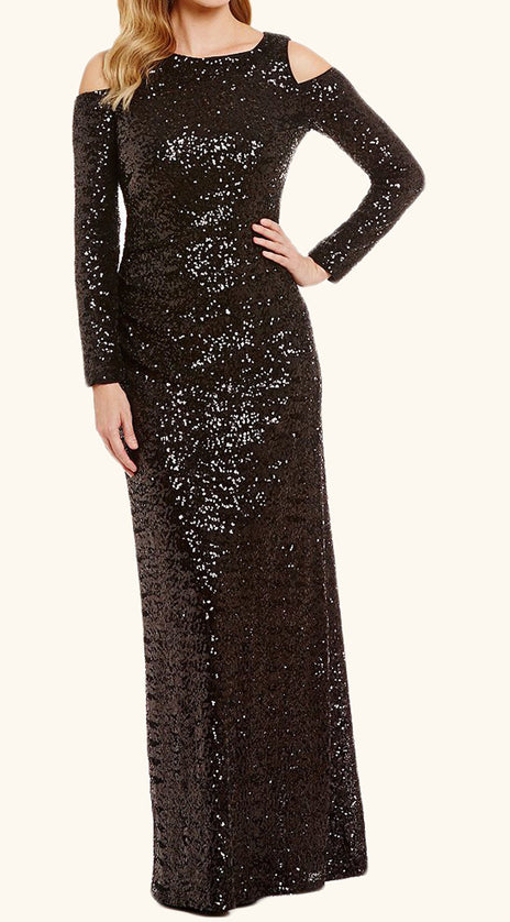 MACloth Long Sleeves Sequin Formal Evening Gown Black Prom Dress