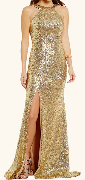 MACloth Halter Sequin Prom Dress with Slit Gold Formal Evening Gown