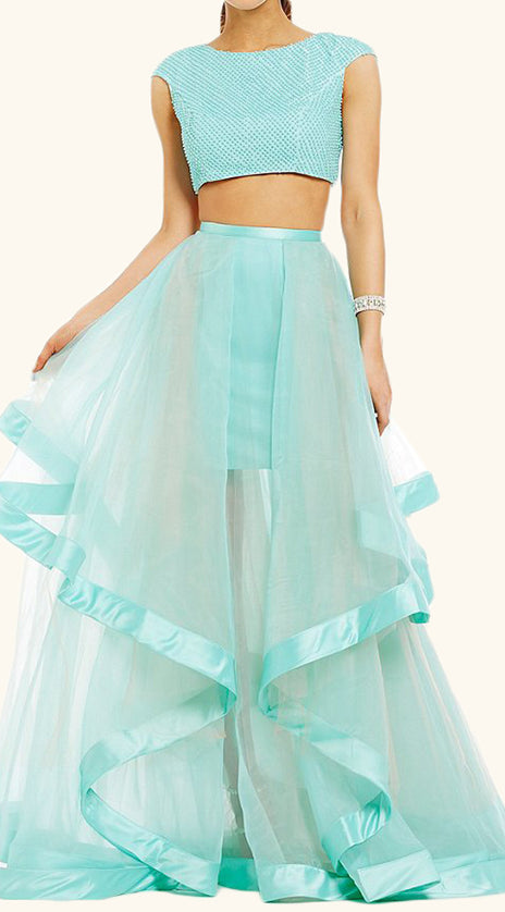 MACloth Two Piece Cap Sleeves Tulle Prom Dress Turquoise Formal Gown