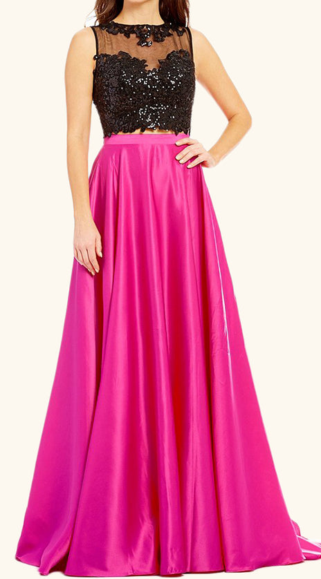 MACLoth Two Piece Sequin Satin Long Prom Dress Fuchsia Formal Evening Gown