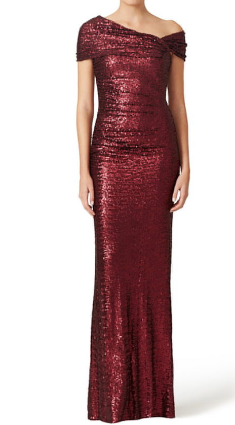 MACloth Off the Shoulder Sheath Sequin Formal Gown Burgundy Evening Dress