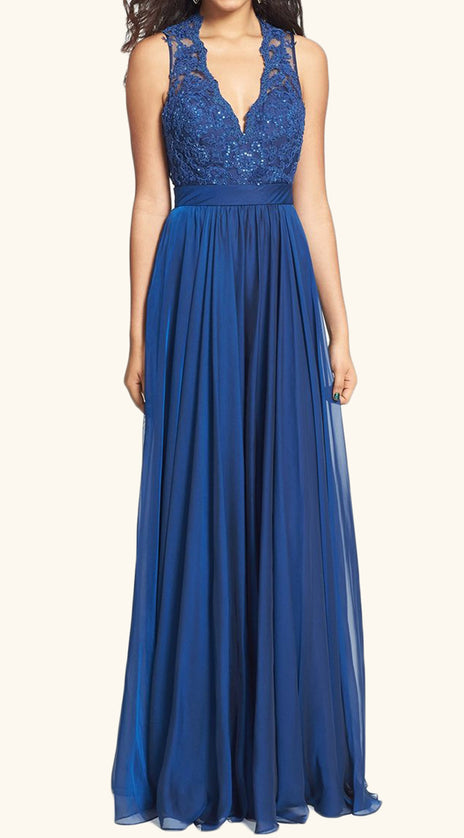 MACloth Straps V neck Lace Chiffon Long Prom Dress Royal Blue Formal Gown