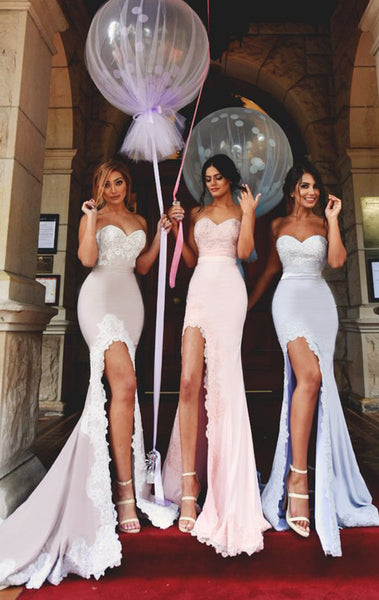 MACloth Mermaid Long Bridesmaid Dress with Slit Strapless Jersey Prom Gown