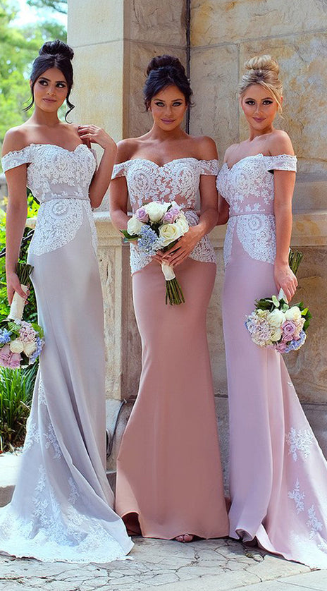 MACloth Off the Shoulder Long Bridesmaid Dress Lace Jersey Wedding Party Formal Gown