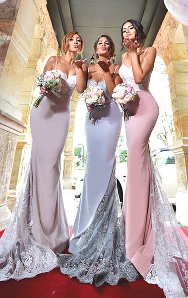 MACloth Mermaid Lace Jersey Long Bridesmaid Dress Pink Wedding Party Formal Gown