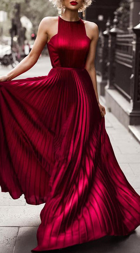 MACloth Halter Chiffon Long Prom Dress Elegant Red Evening Formal Gown