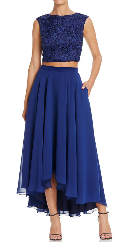 MACloth Two Piece Hi-Lo Lace Chiffon Cocktail Dress Simple Prom Gown