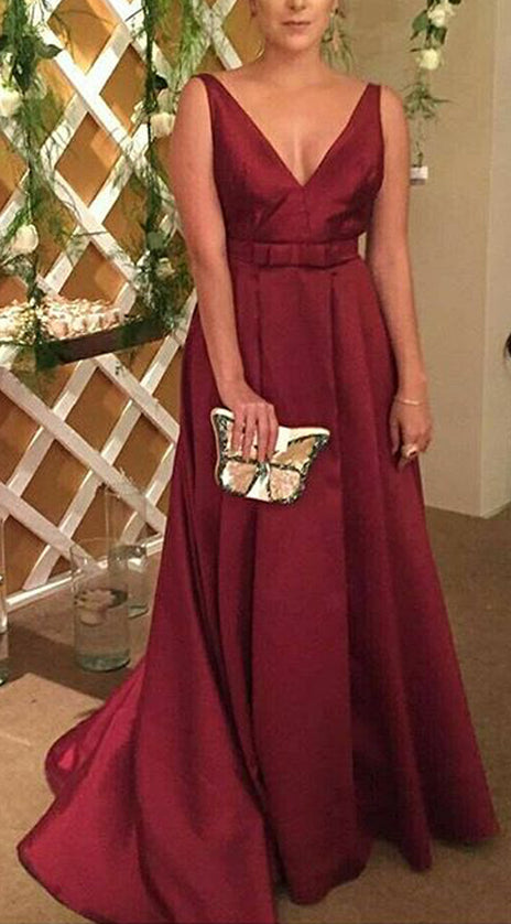 MACloth Straps V Neck Burgundy Prom Dress Elegant Wedding Party Formal Gown