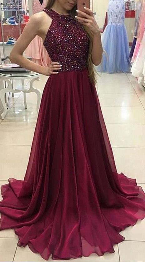 MACloth Halter Crystals Chiffon Long Prom Dress Elegant Burgundy Formal Gown