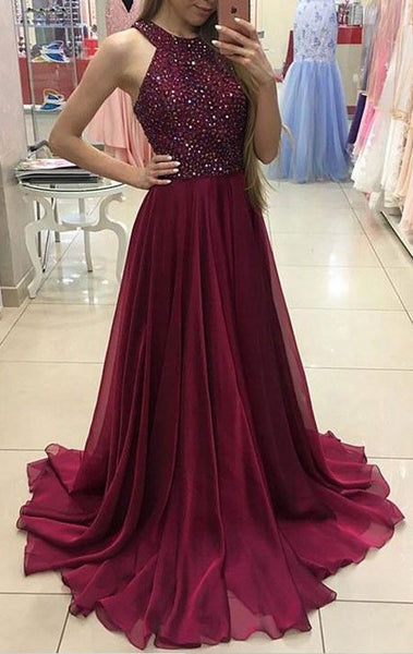 MACloth Halter Crystals Chiffon Long Prom Dress Elegant Burgundy Formal Gown