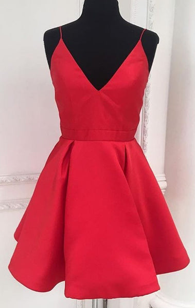 MACLoth Deep V Neck Mini Prom Homecoming Dress Red Cocktail Formal Gown