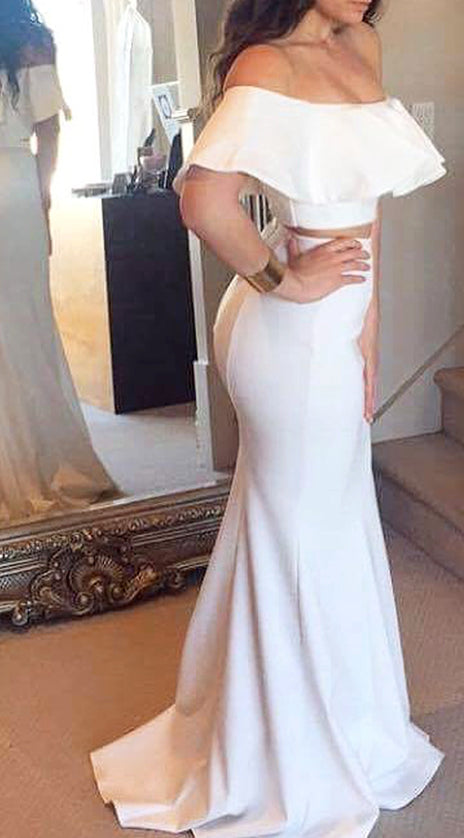 MACloth Mermaid Off Shoulder Two Piece Prom Dress Ivory Formal Evening Gown