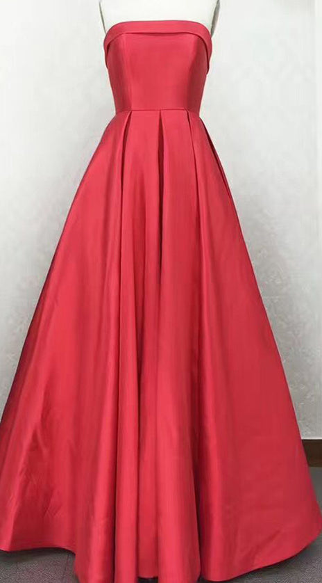 MACloth Strapless Satin Red Prom Dress Silver Wedding Party Formal Gown