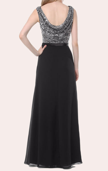 MACloth Cowl Neck Sequin Chiffon Long Bridesmaid Dress Black Formal Gown