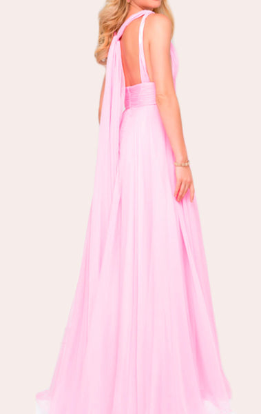 MACloth Deep V Neck Chiffon Long Bridesmaid Dress Simple Prom Gown