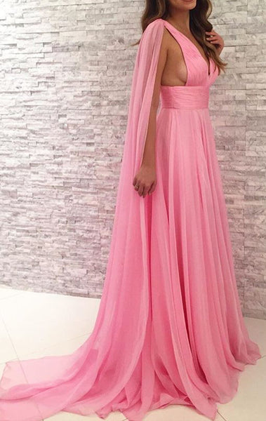 MACloth Deep V Neck Chiffon Long Bridesmaid Dress Simple Prom Gown