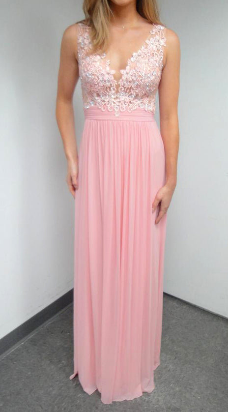 MACloth Straps V Neck Chiffon Lace Long Prom Dress Pink Formal Gown