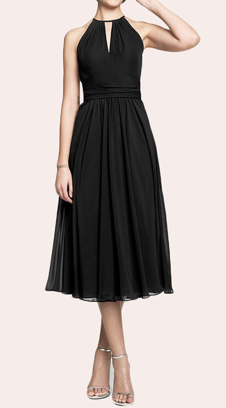 MACloth Halter Tea Length Chiffon Bridesmaid Dress Little Black Dress