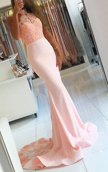 MACloth Mermaid Halter Lace Jersey Prom Dress Pink Formal Evening Gown