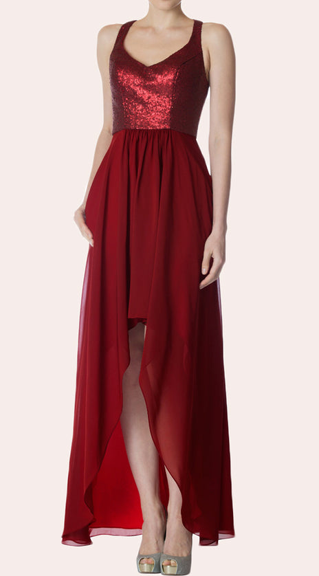 MACloth V Neck Sequin Chiffon High Low Bridesmaid Dress Burgundy Cocktail Formal Gown