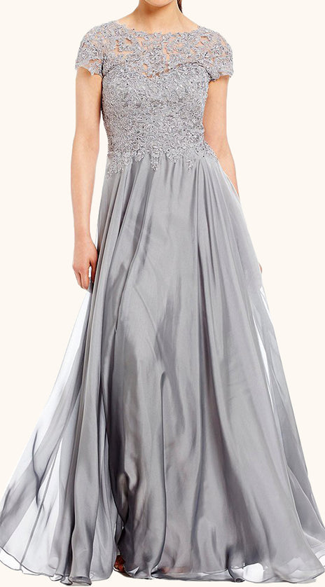 MACloth Cap Sleeves Lace Chiffon Mother of the Brides Dress Silver Formal Evening Gown