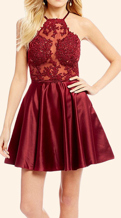 MACloth Halter Lace Satin Mini Prom Homecoming Dress Burgundy Formal Gown