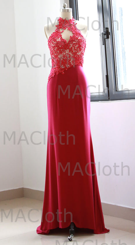 MACloth Halter Lace Jersey Long Prom Dress Fuchsia Evening Formal Gown