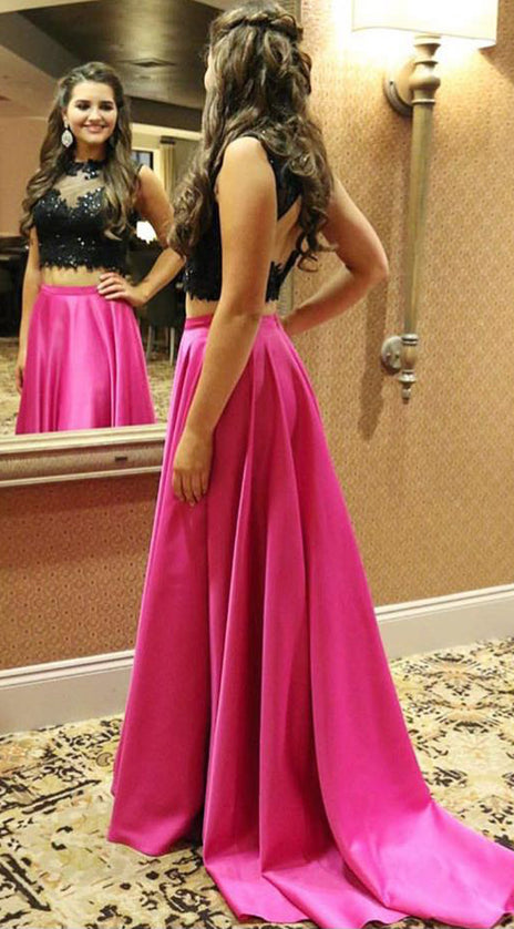 MACloth Two Piece Sequin Fuchsia Long Prom Dress 2018 Formal Evening Gown