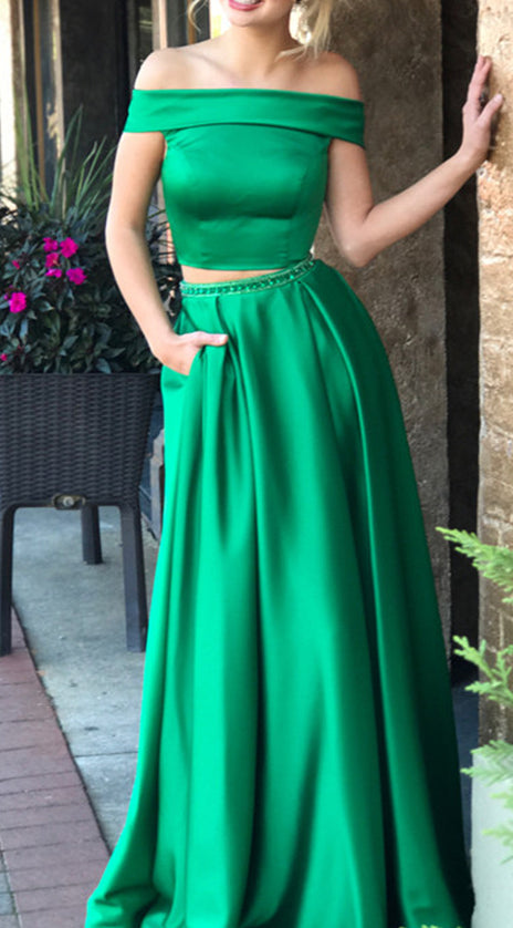 MACloth Off the Shoulder Two Piece Green Long Prom Dress Formal Evening Gown