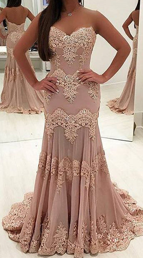 MACloth Mermaid Strapless Sweetheart Long Prom Dress Lace Formal Evening Gown