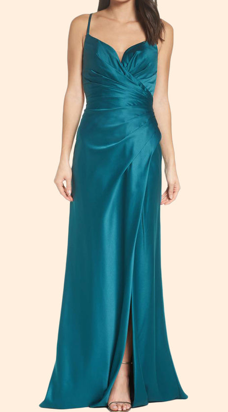 MACloth Straps V neck Teal Long Prom Dress Satin Evening Formal Gown