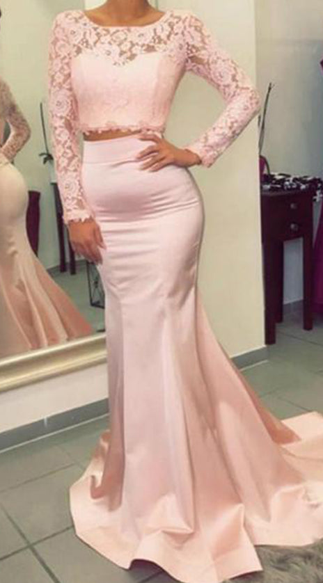 MACloth Two Piece Long Sleeves Lace Mermaid Prom Dress Pink Formal Evening Gown