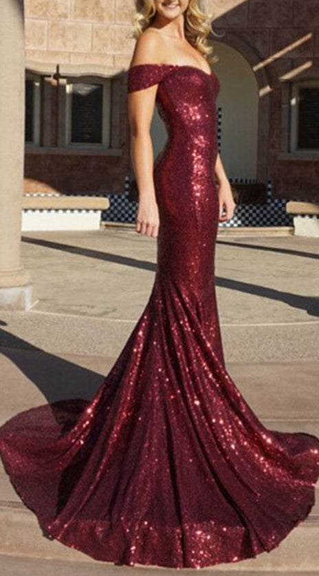 MACloth Off the Shoulder Mermaid Sequin Long Prom Dress Burgundy Formal Evening Gown