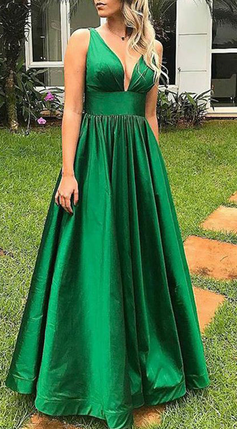 MACloth Straps V neck Satin Long Prom Green Dress Formal Evening Gown