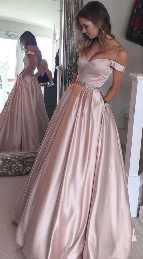 MACloth Off the Shoulder Pink Prom Gown Satin Ball Gown Formal Evening Dress