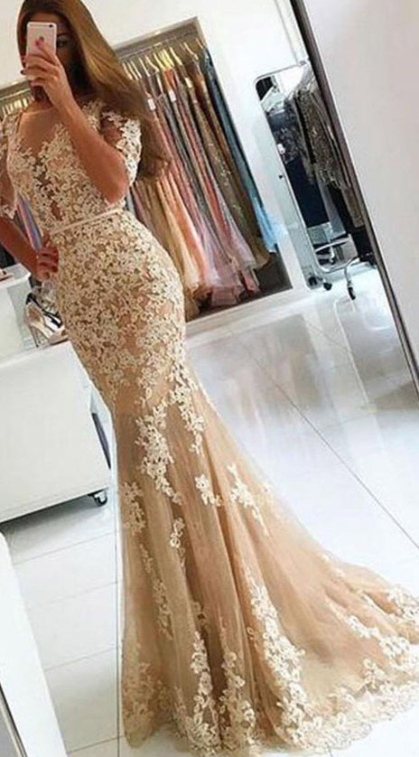 MACloth Mermaid Half Sleeves Champagne Prom Dress Lace Formal Evening Gown